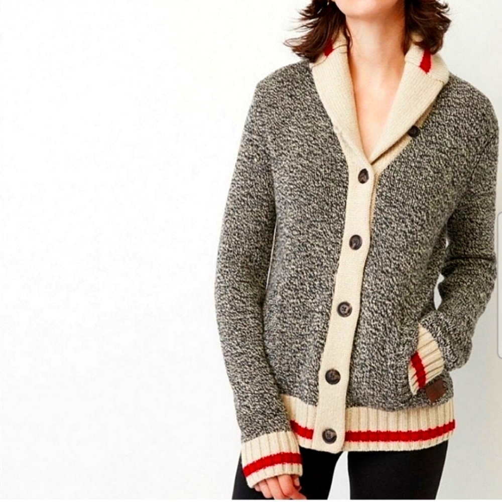 ROOTS Canada Cabin Wool Blend Button Front Shawl Cardigan Sweater Sz S Cabincore